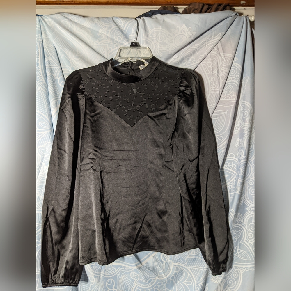 Pleione Women's Sheer Top Long Puff Sleeve Dressy Blouse Black Small New